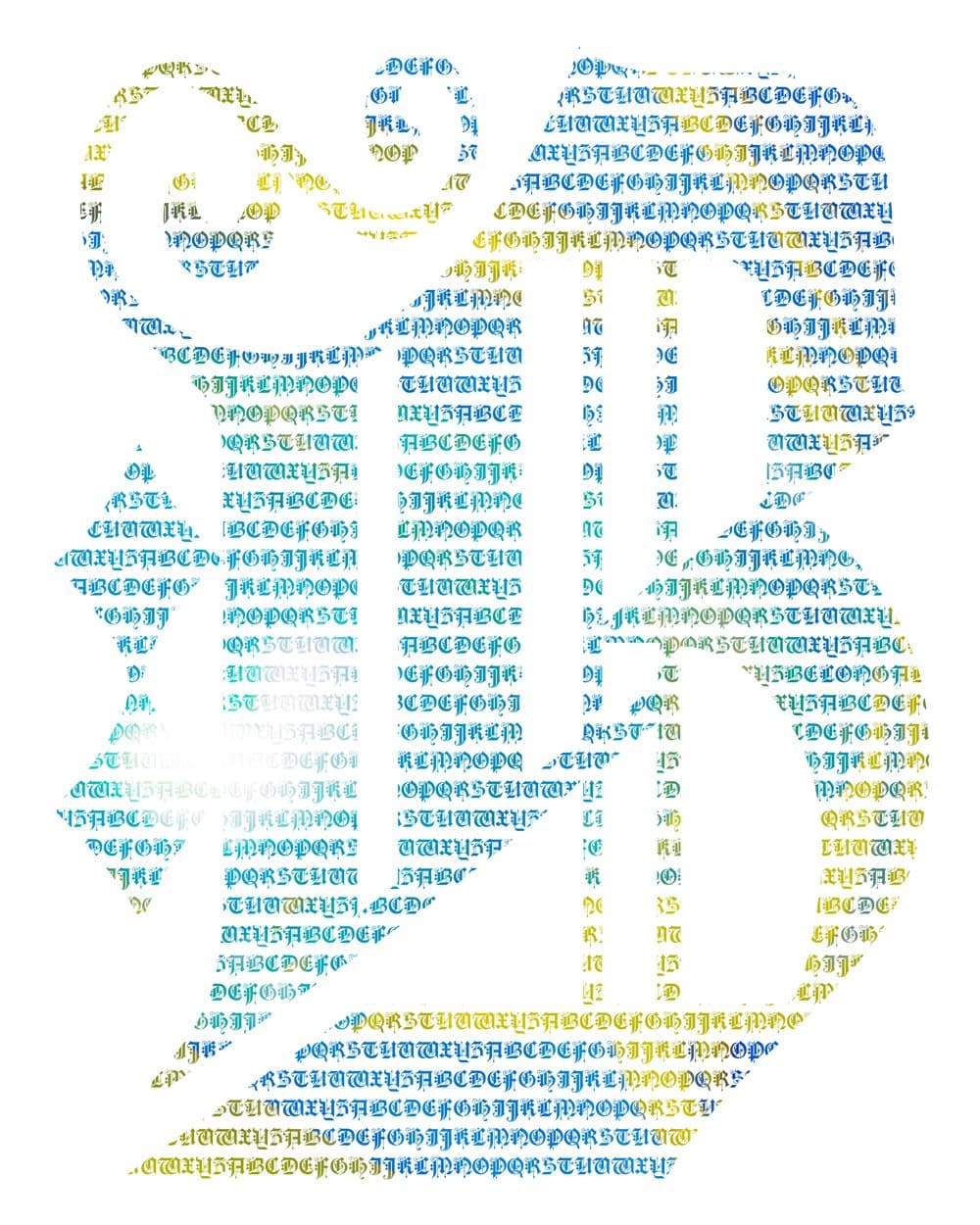 B micrography art print. Cyan and cobalt through the body of the letter, with a sharp olive yellow catching the outer curls.