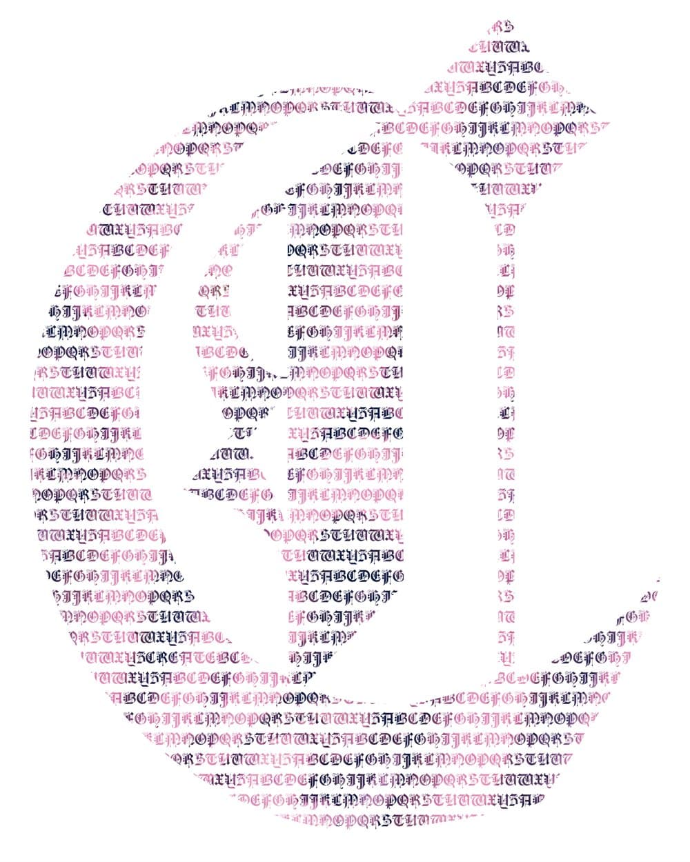 C micrography art print. Rose, plum and aubergine, the deepest tones held where the stroke is widest and the palest carried out into the flourishes.