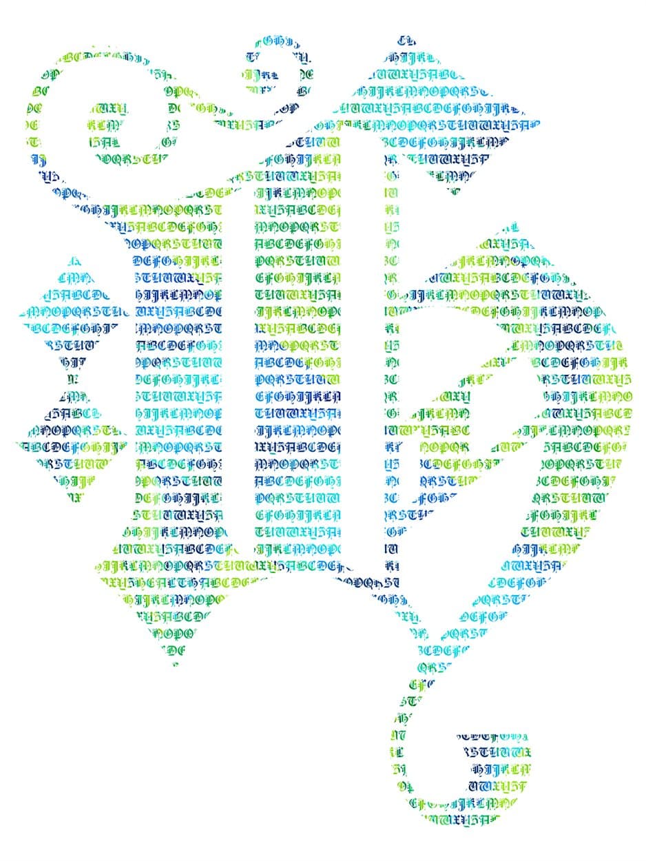 H micrography art print. Bottle green and cyan across the whole capital, with the coldest blue kept back for the finest strokes.