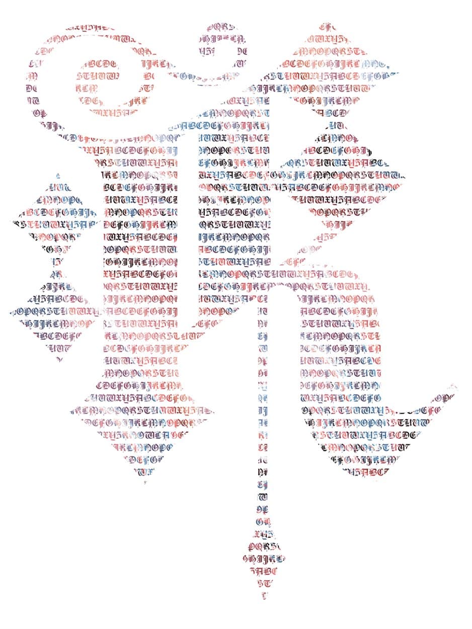 K micrography art print. Faded red and dusty pink over a slate-blue underlay — the most weathered palette in the alphabet.