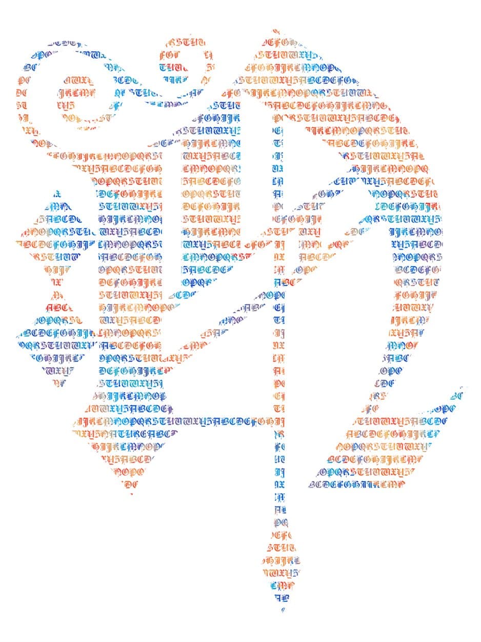 N micrography art print. Hot orange and peach over most of the letter, with a clear blue reserved for the finest strokes.