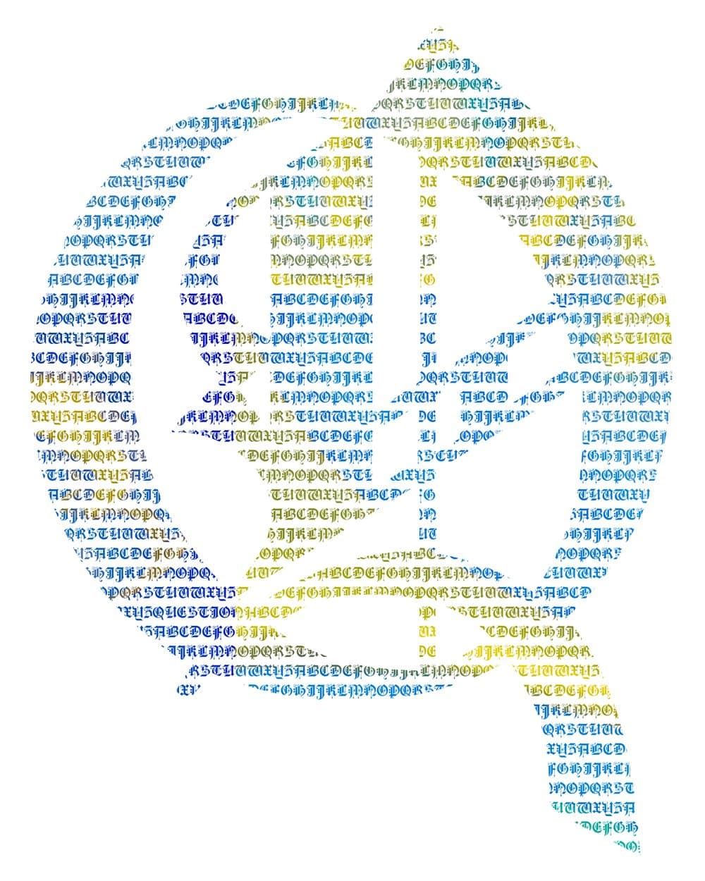 Q micrography art print. Cobalt and sea blue, with an acid-yellow flourish cutting away from the foot of the letter.
