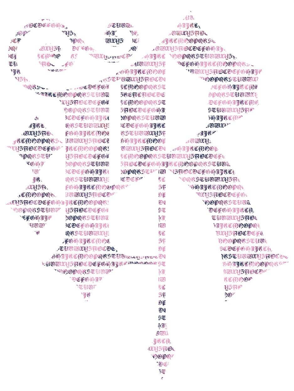 R micrography art print. Rose and plum through the body, indigo along the finer strokes.