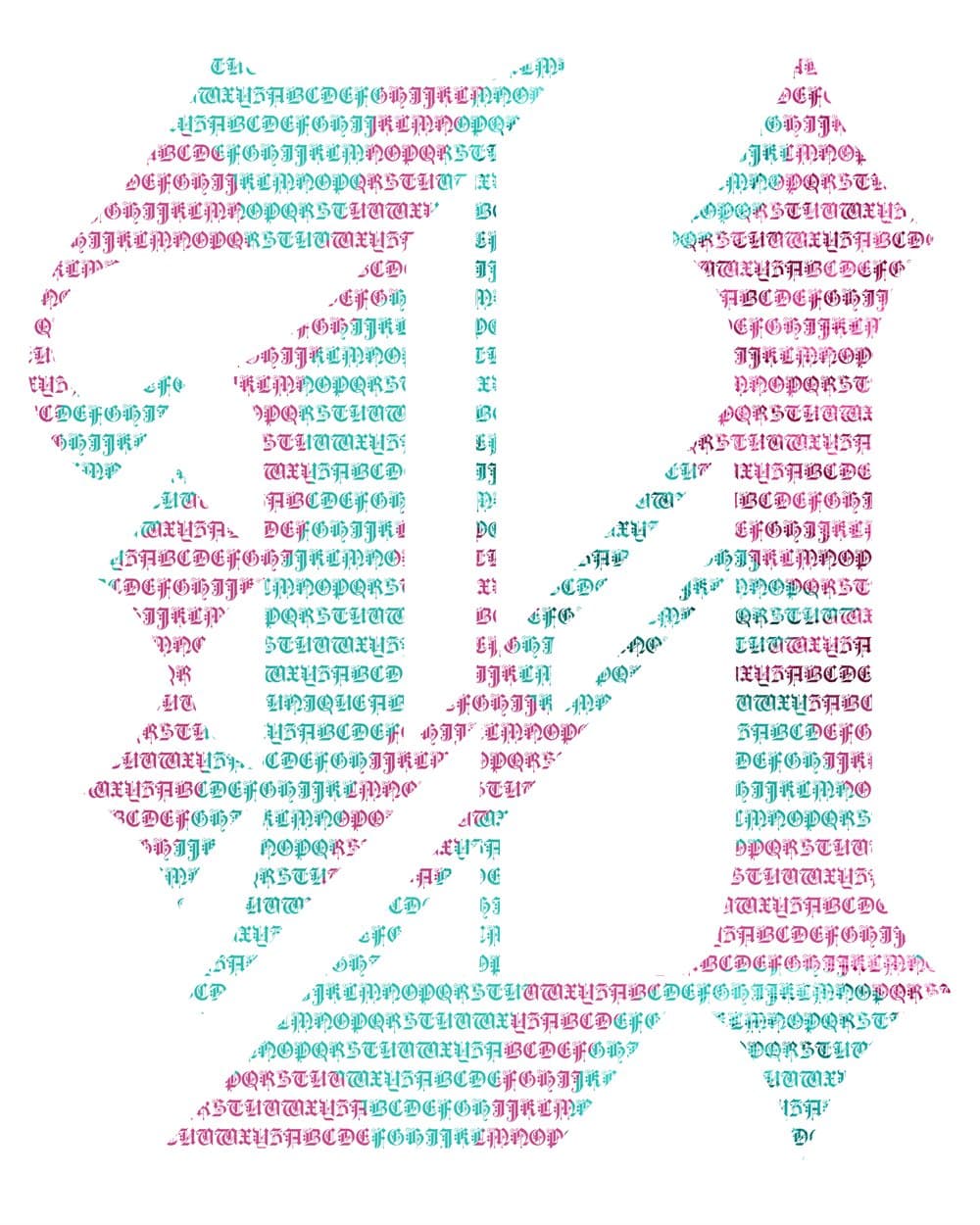 U micrography art print. Magenta against turquoise — the boldest colour pairing in the alphabet.