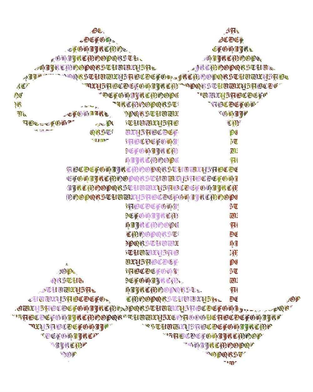 X micrography art print. Rust and olive crossed through by a clear lilac, the ink at its darkest where the strokes overlap.