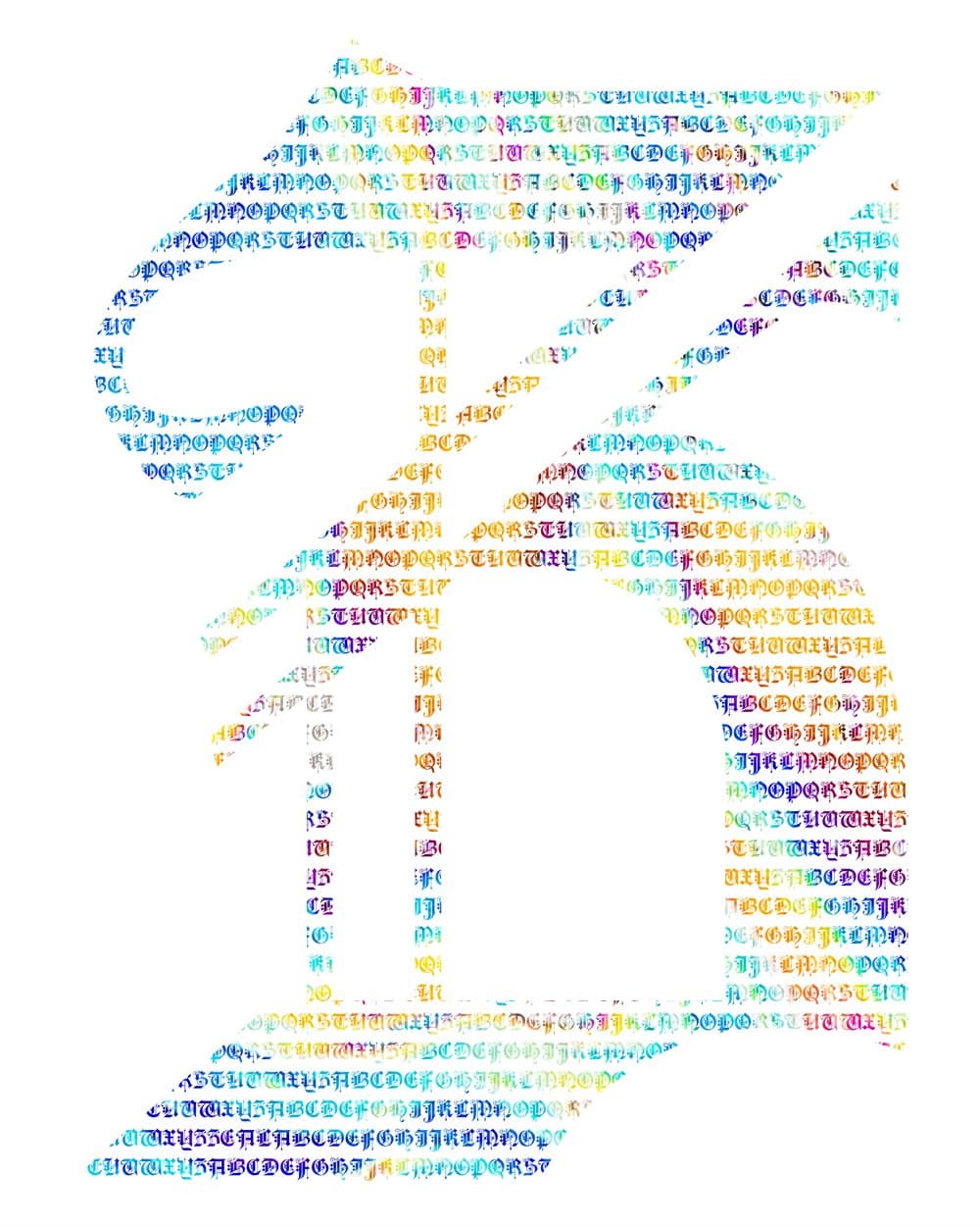 Z micrography art print. Yellow, cyan and burnt orange stacked along the diagonal — the most multicoloured piece in the alphabet.